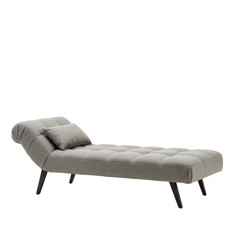 Modern grey chaise lounge with tufted upholstery and wooden legs  