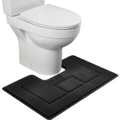 Black toilet mat under white toilet in modern bathroom style  