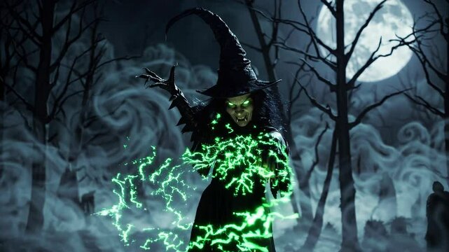 Halloween malefic witch laughing and putting an evil spell on people on halloween day of the dead