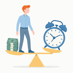 Flat Design Man Balancing Money and Clock on a Seesaw Illustration