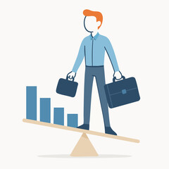Flat Illustration Man with Briefcase Balancing on Seesaw with Graph Decline