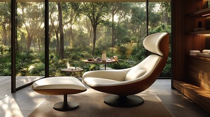 Relaxing modern furniture set with a view of a wooded area.