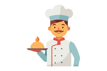 Smiling Chef with Dish: A friendly chef with a mustache, wearing a classic chef's uniform, proudly presents a delicious-looking dish under a cloche.