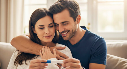 Pregnant woman and partner happily look at a positive pregnancy test. Family planning and new life concept.