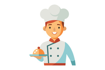 Smiling Chef with Dish: A happy chef in a pristine uniform presents a delicious-looking dish under a silver cloche.