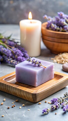 Lavender soap with a candle and lavender sprigs