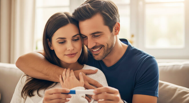 Pregnant woman and partner happily look at a positive pregnancy test. Family planning and new life concept.