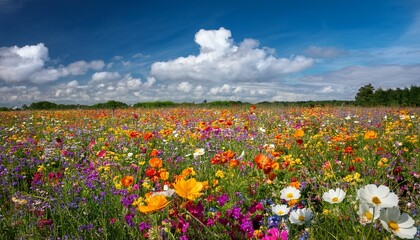 a vibrant tapestry of wildflowers a field bursting with color under a bright sky full of puffy clouds