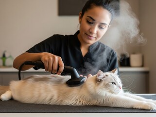 Animal hotel professional grooms calm cat with modern steam brush technique, offering comfort and hygiene in premium pet care setting