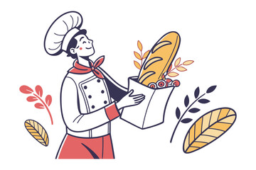 Baker's Joy: A cheerful baker, proudly presents a freshly baked bread in a bag with an elegant and clean illustration style. capturing the warmth of artisanal tradition.