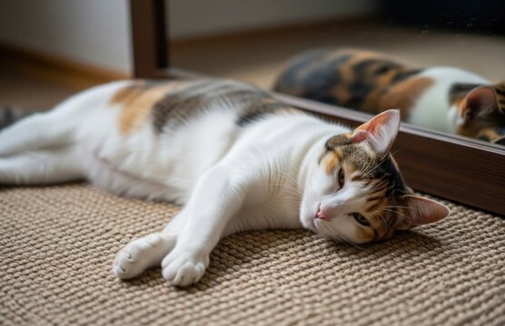 Lethargic calico cat lies on jute carpet near mirror, mirroring signs of heat-induced exhaustion and discomfort in stifling apartment air
