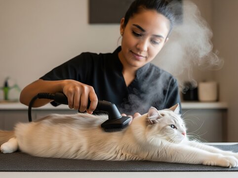 Animal hotel professional grooms calm cat with modern steam brush technique, offering comfort and hygiene in premium pet care setting