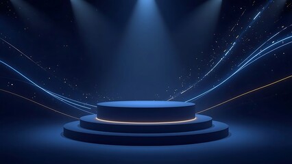 Futuristic stage podium with glowing lights and confetti in dark blue atmosphere