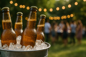Chilled beer bottles in ice bucket at outdoor party event celebration