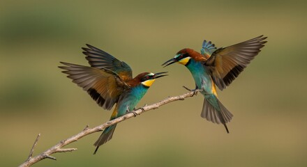 Obraz premium Two European Bee-eaters on a Branch, Wings Spread, Against a Soft Green Background