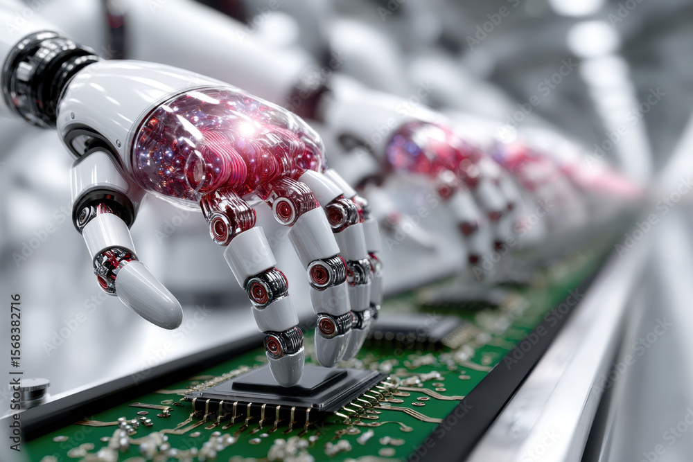 Poster robotics in advanced assembly line with robotic hands working on circuit boards