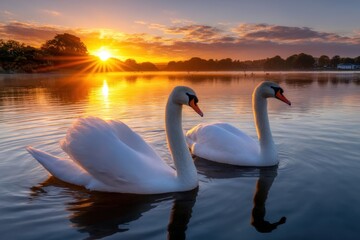 Fototapeta premium Beautiful swans glide on tranquil lake at sunset with vibrant colors sparkling on water