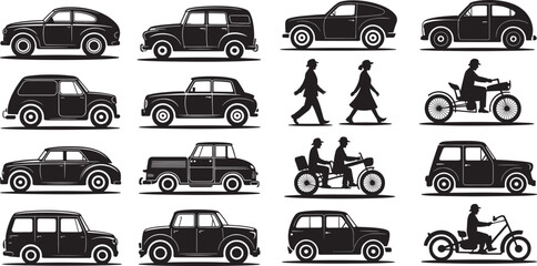 Obraz premium Vintage vehicle and people silhouettes collection vehicles cars