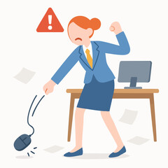 Flat Style Angry Frustrated Businesswoman Destroying Computer Mouse Illustration