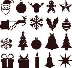 A set of Christmas icons featuring tree, gift, snowman, and snowflake vector illustrations for holiday decoration