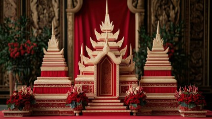 Fototapeta premium Ornate red and gold traditional Thai ceremonial structure with intricate details and floral decorations on a red carpet.