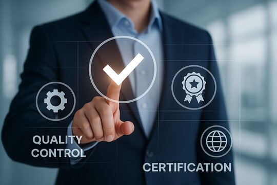 Man in suit touches a glowing check mark symbolizing quality assurance and certification for product approval and process standardization.