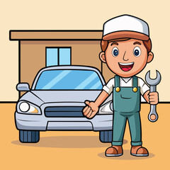 Vector art of a cartoon mechanic holds a wrench in front of a car