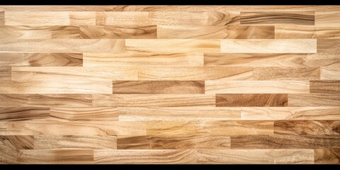 Wooden floor with a grainy texture. The wood is brown and has a natural look. The floor is long and narrow, with a few small gaps between the boards. Scene is warm and inviting