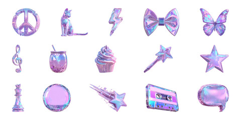 Holographic Icon Set Featuring Diverse Symbols. Trendy Aesthetic And Digital Art Collection Isolated On Transparent Background