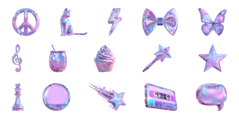 Holographic Icon Set Featuring Diverse Symbols. Trendy Aesthetic And Digital Art Collection Isolated On Transparent Background