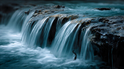 Obraz premium Serene blue waterfall cascading over dark wet rocks in nature