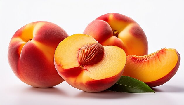 juicy peaches sliced whole white background