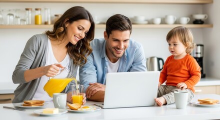 Young couple with child eating breakfast at home. Family multitasking in bright kitchen - working on computer while having healthy morning meal with toast and juice.