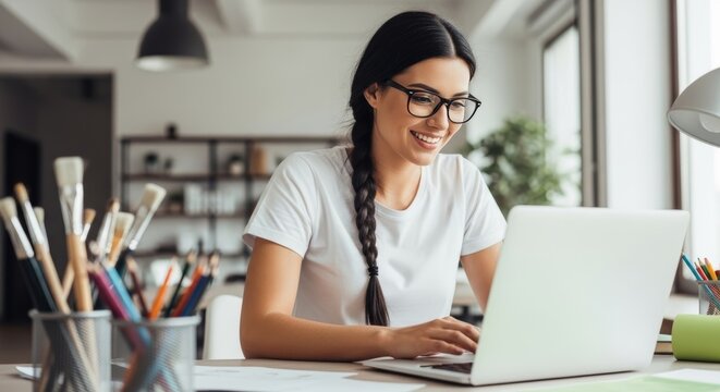 Smiling young woman working on laptop in creative office space. Female designer with glasses typing at computer surrounded by art supplies and brushes. - Powered by Adobe