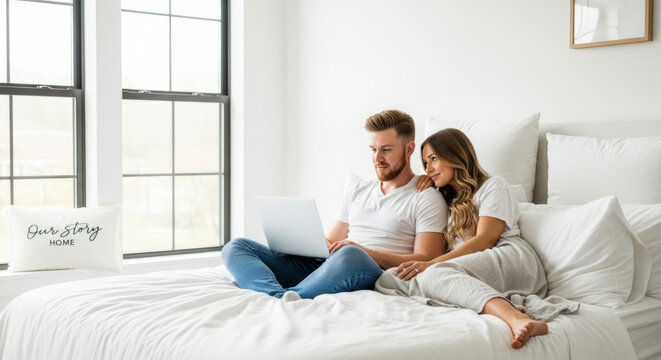 Romantic couple spending time together on white bed with laptop. Beautiful pair in casual clothes enjoying leisure time at home in modern bright bedroom.