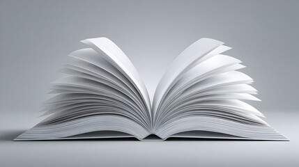 An open book with pages gently fanned on a minimalist gray background