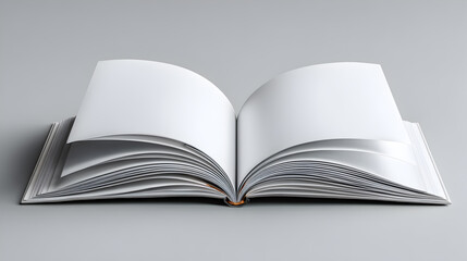Fototapeta premium Open blank book with white pages on a neutral gray background