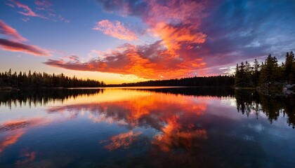 Fototapeta premium a colorful sunset reflecting on a serene lake with clouds in the sky a serene lake reflecting the colors of a vibrant sunset