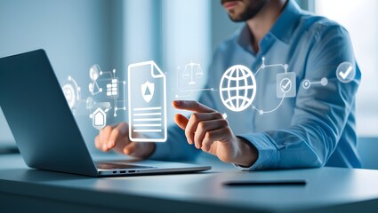 Fototapeta premium Compliance in business concept. Businessman using laptop with compliance icon, ensuring the enforcement of laws, regulations, and standards. Stay in line with business policies.