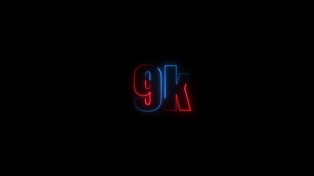Abstract Neon Light 9K Letter Icon Animation on black background 4K Video, Thank you for 9k followers online social banner happy celebration