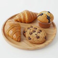 Wooden plate with croissants, muffin, and chocolate chip cookies on white background, perfect for cafe breakfast menus, bakery promotions, and rustic food photography