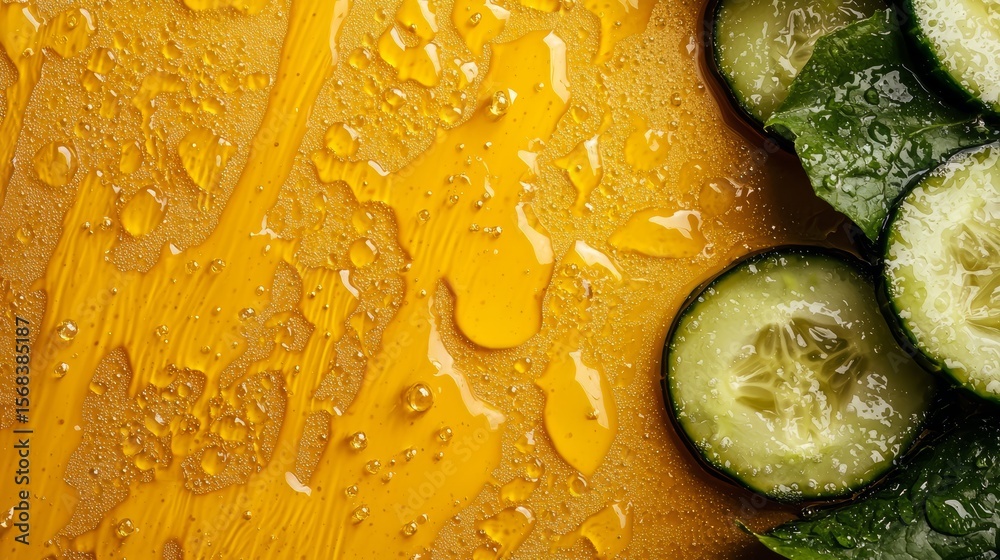 Poster Table with a yellow surface and a green leaf on top. There are cucumbers cut in half and placed on the table. The cucumbers are arranged in a way that they are cut in half