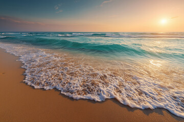 Turquoise waves crash on sandy shore at sunset beach