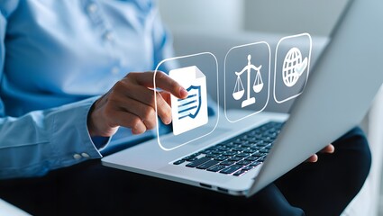 Compliance in business concept. Businessman using laptop with compliance icon, ensuring the enforcement of laws, regulations, and standards. Stay in line with business policies.
