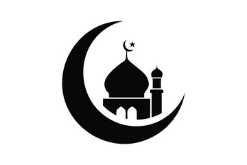 Islamic crescent moon symbol framing a silhouette of a mosque with a dome and minaret against a white background