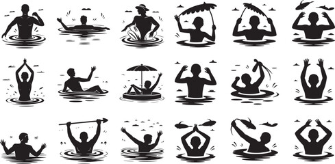 Diverse people swimming water activities silhouettes vector