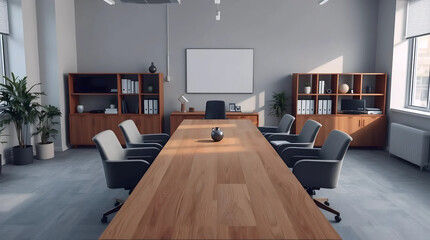 contemporary modern boardroom with long wooden meeting table, minimalist design, and bright lighting