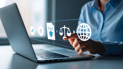 Compliance in business concept. Businessman using laptop with compliance icon, ensuring the enforcement of laws, regulations, and standards. Stay in line with business policies.