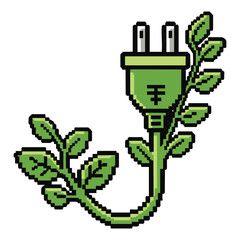 Fototapeta premium Green Energy: Pixel Art Plug with Growing Vine - Sustainable Power Illustration