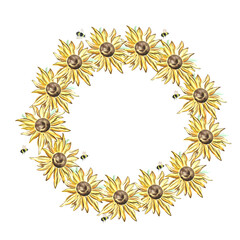 Watercolor wreath with sunflower and bees on a white background. Can be used in postcards, compositions, stickers.